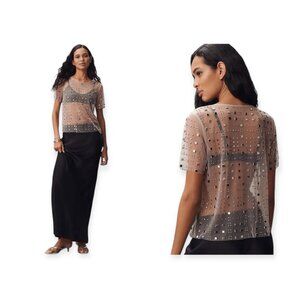 Sunday in Brooklyn Sheer Mesh Silver Geometric Embellished Top - Size M